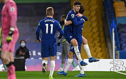 Havertz comemora o primeiro gol do Chelsea na vitória sobre o Everton