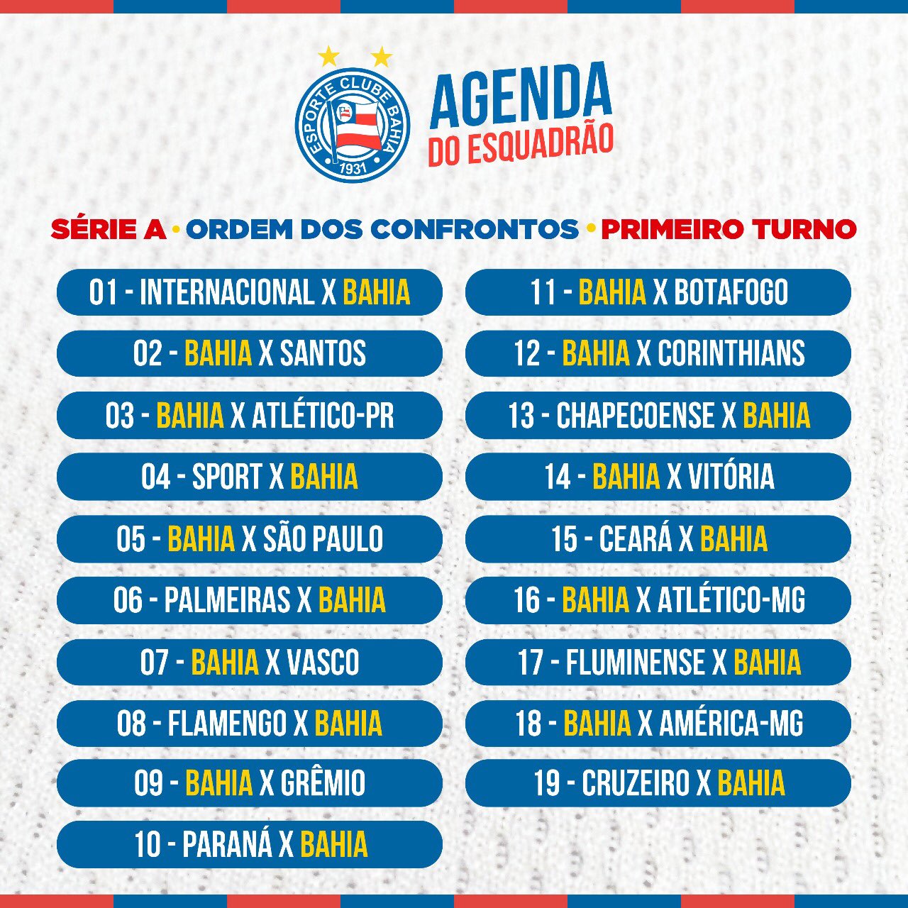 Sai a tabela do Brasileirão; confira os jogos de Bahia e Vitória